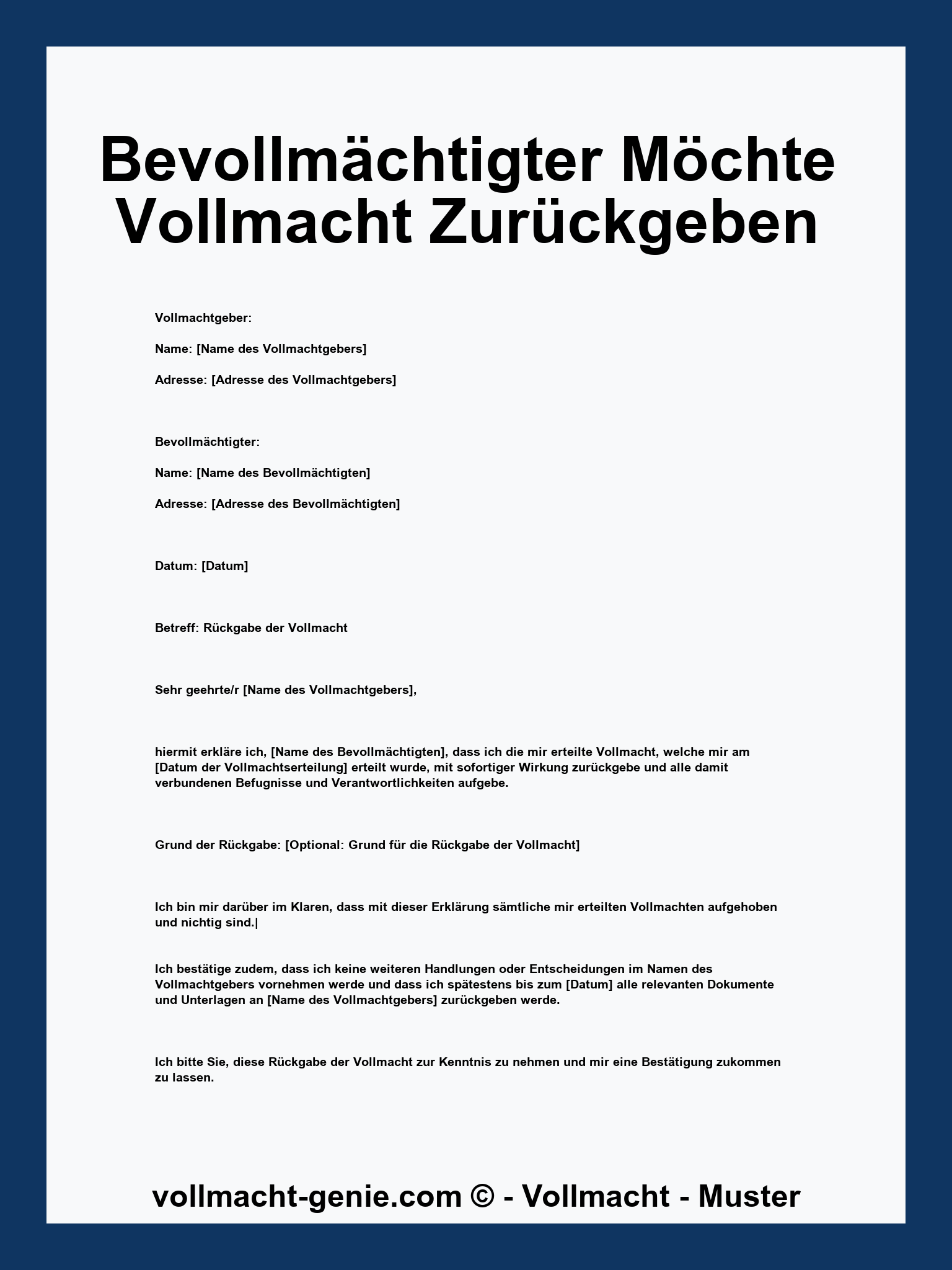Bevollmächtigter Möchte Vollmacht Zurückgeben Muster