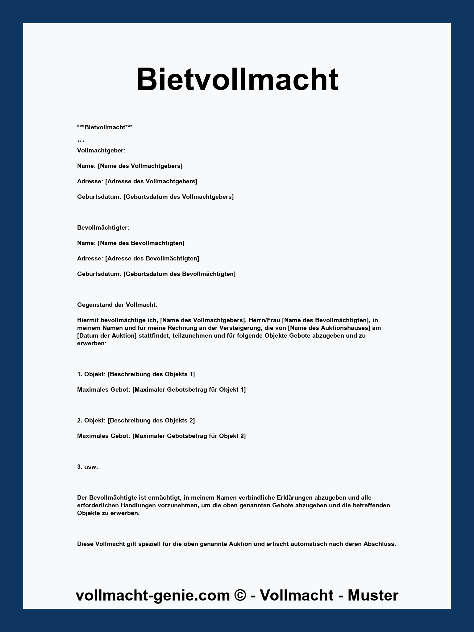 Bietvollmacht Vorlage