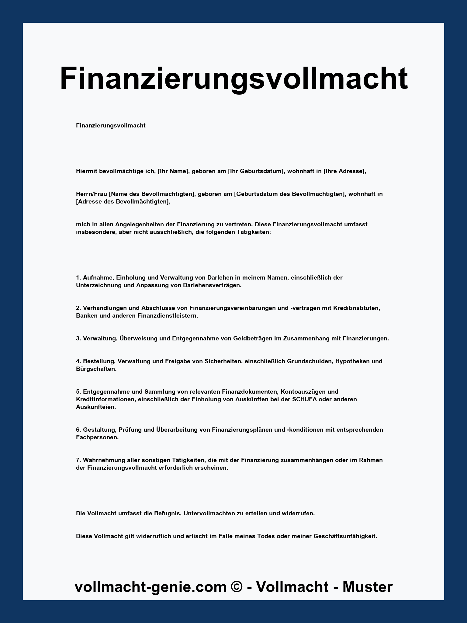 Finanzierungsvollmacht Muster