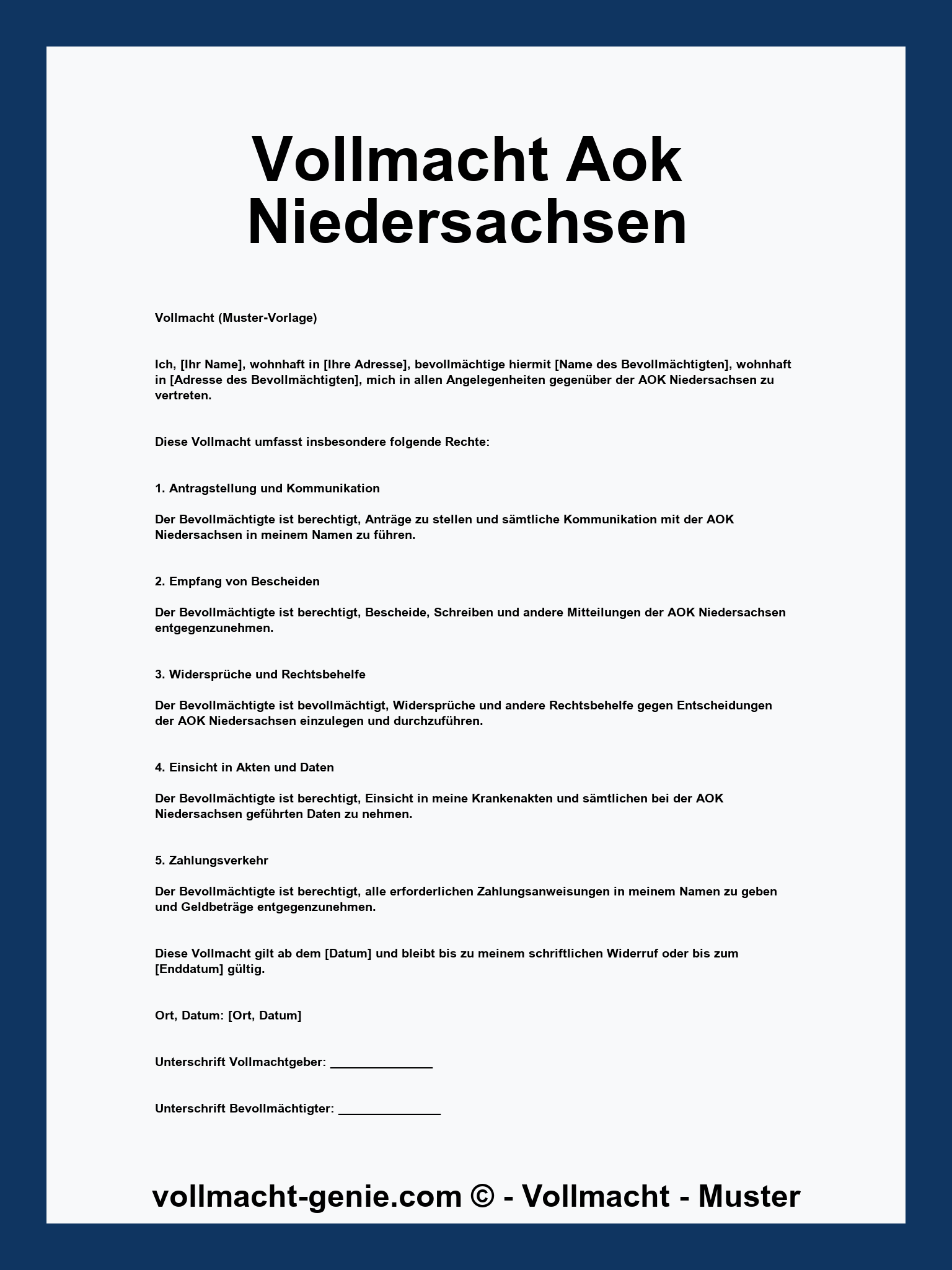 Vollmacht Aok Niedersachsen Muster