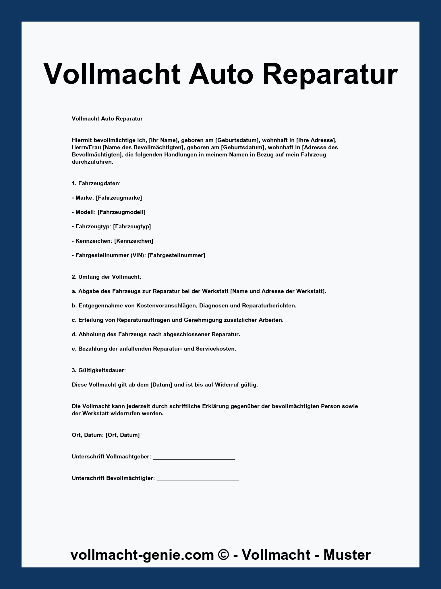 Vollmacht Auto Reparatur