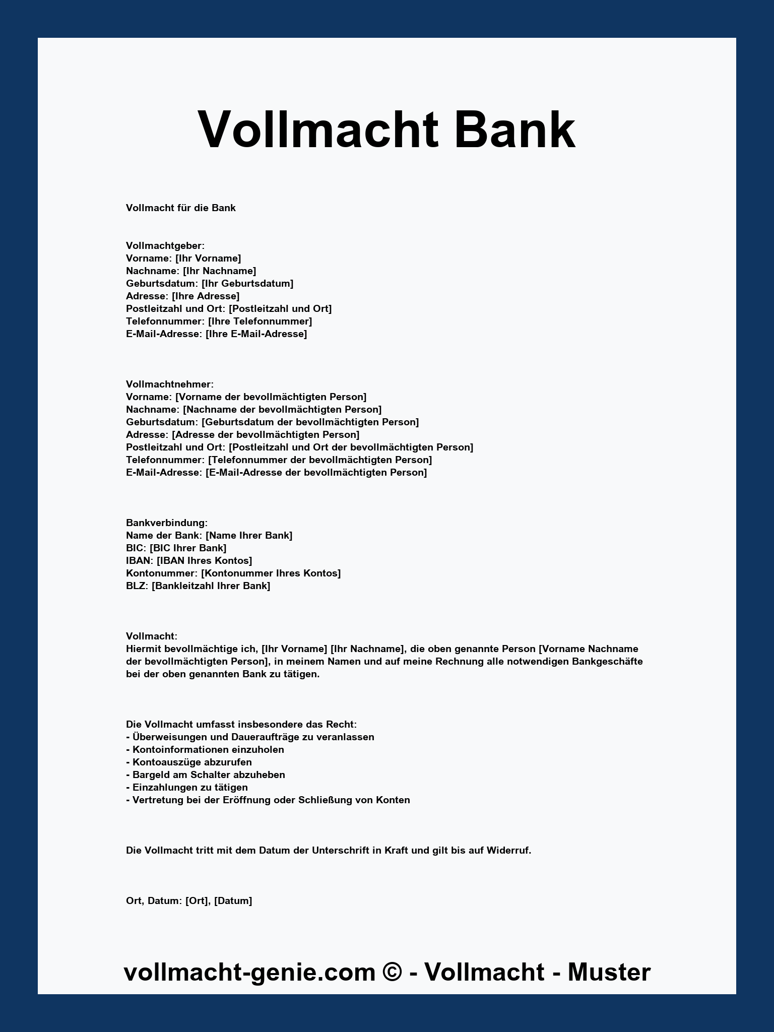 Vollmacht Bank Vorlage - WORD