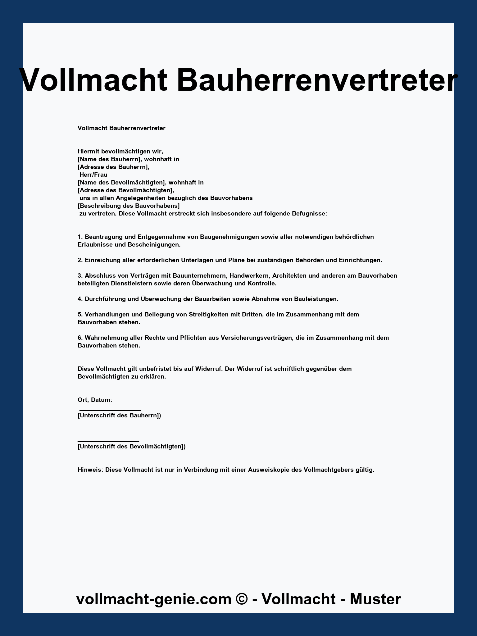 Vollmacht Bauherrenvertreter Vorlage - WORD