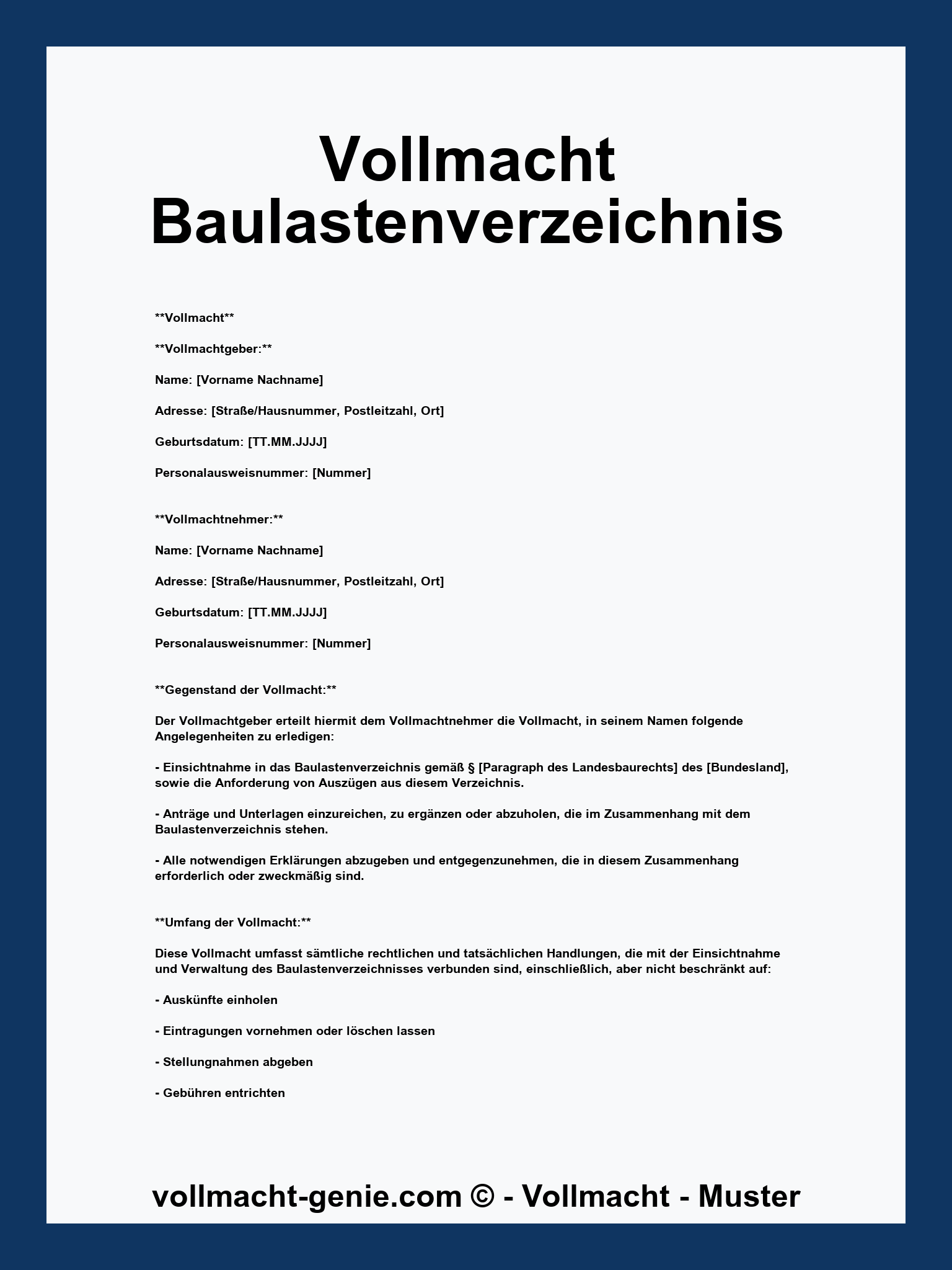 Vollmacht Baulastenverzeichnis
