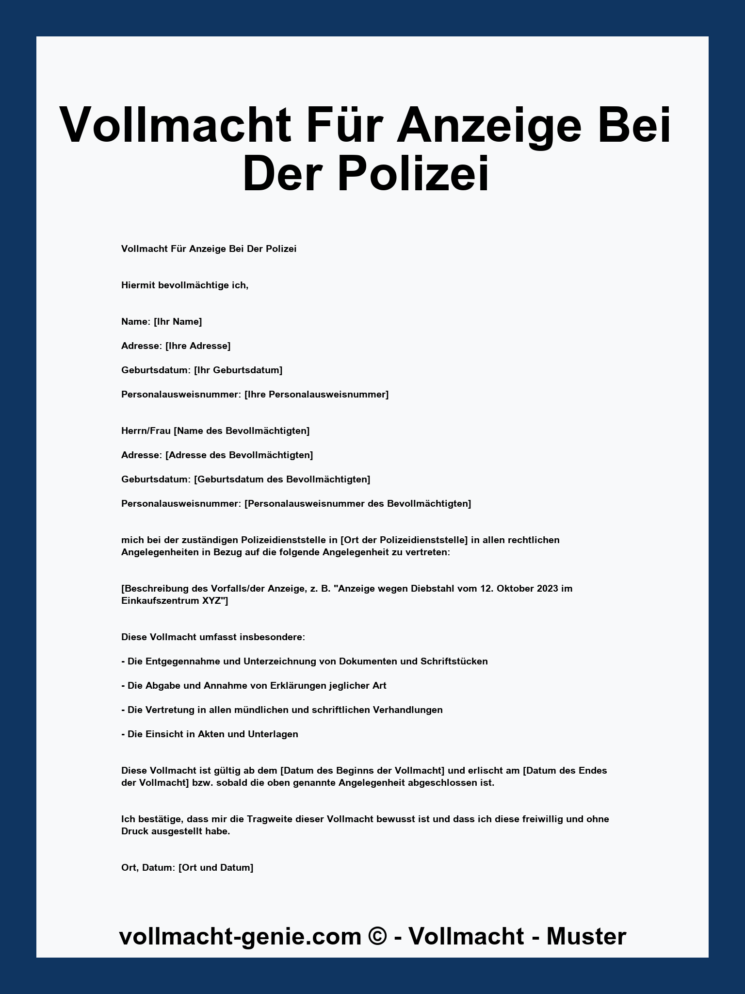 Vollmacht Für Anzeige Bei Der Polizei Muster