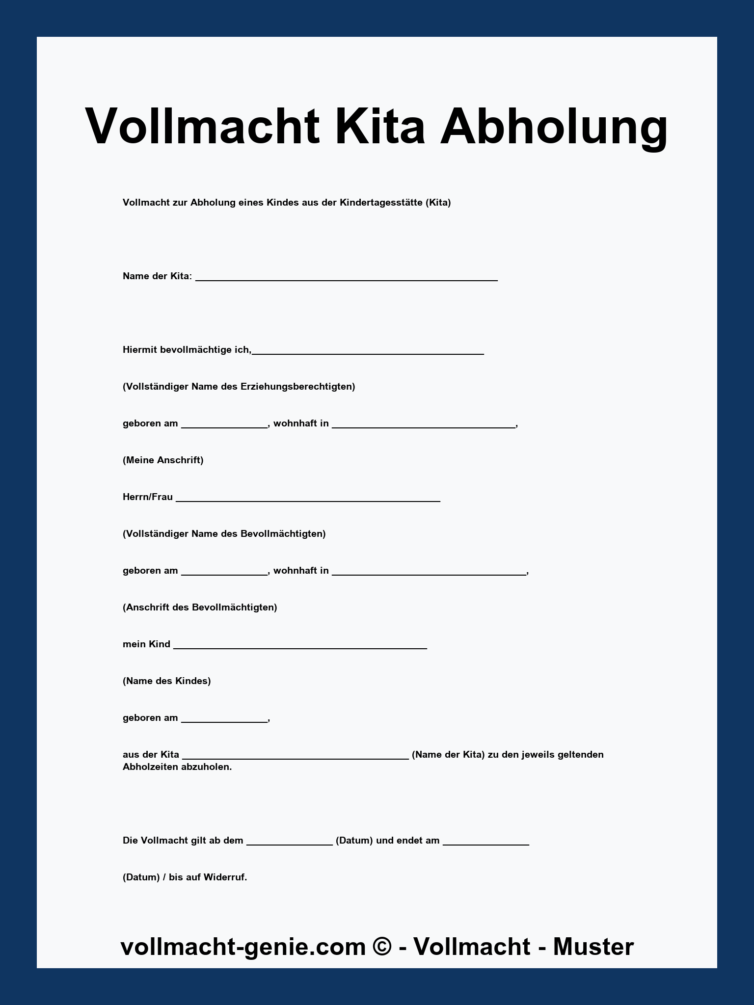 Vordruck Vollmacht Kita Abholung Vorlage