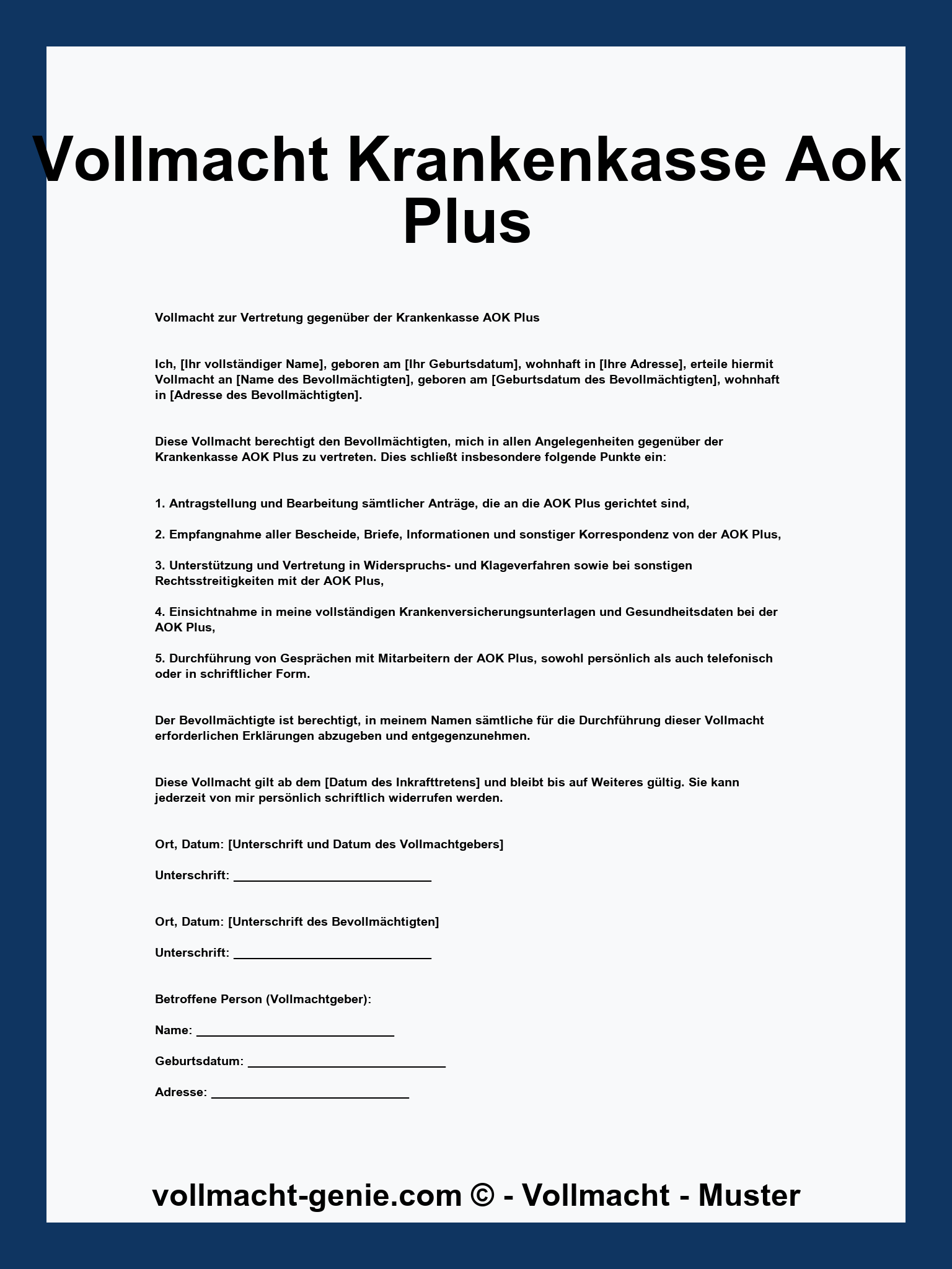 Vollmacht Krankenkasse Aok Plus Vorlage