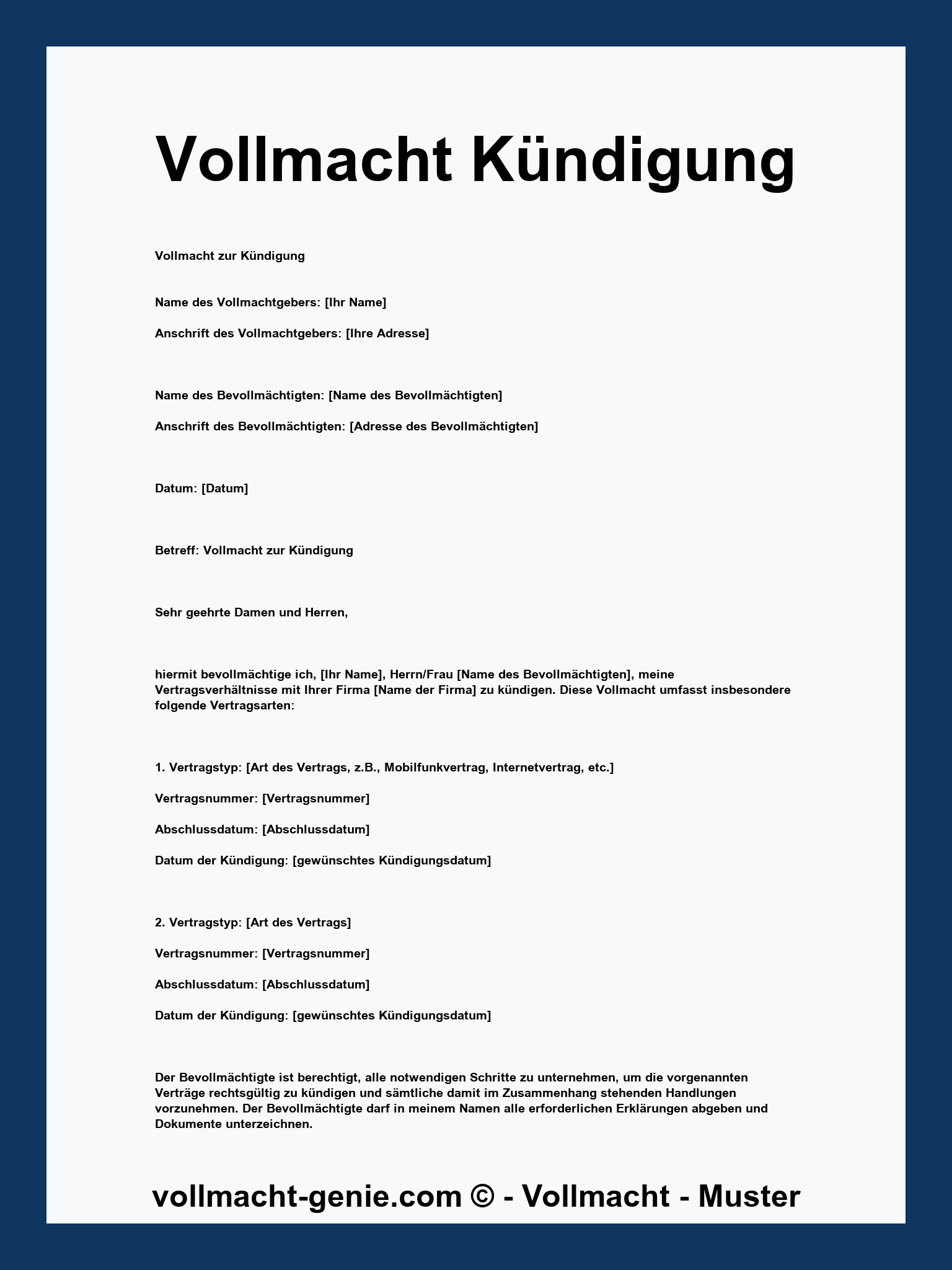Vollmacht Kündigung Vorlage
