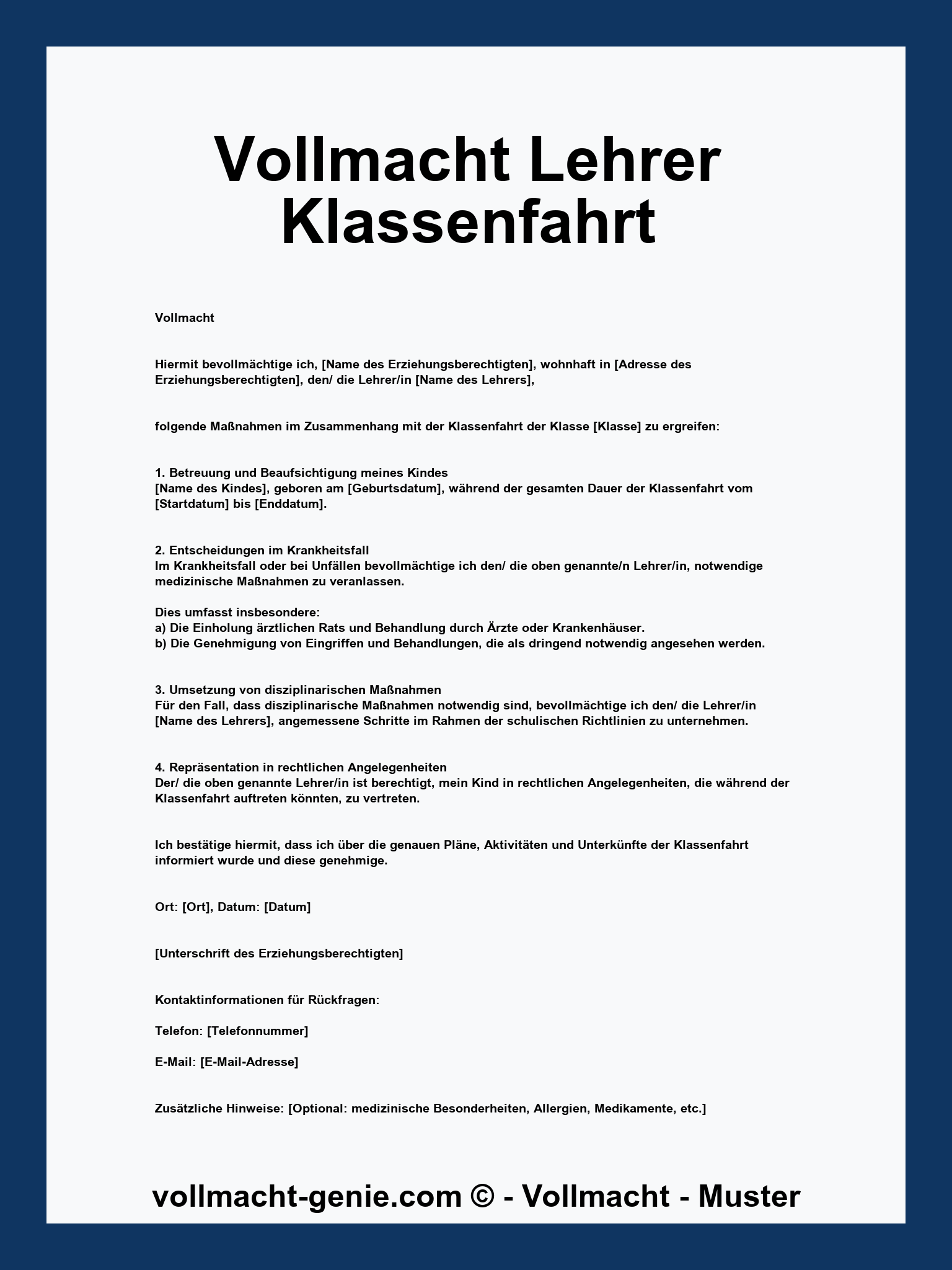 Vollmacht Lehrer Klassenfahrt