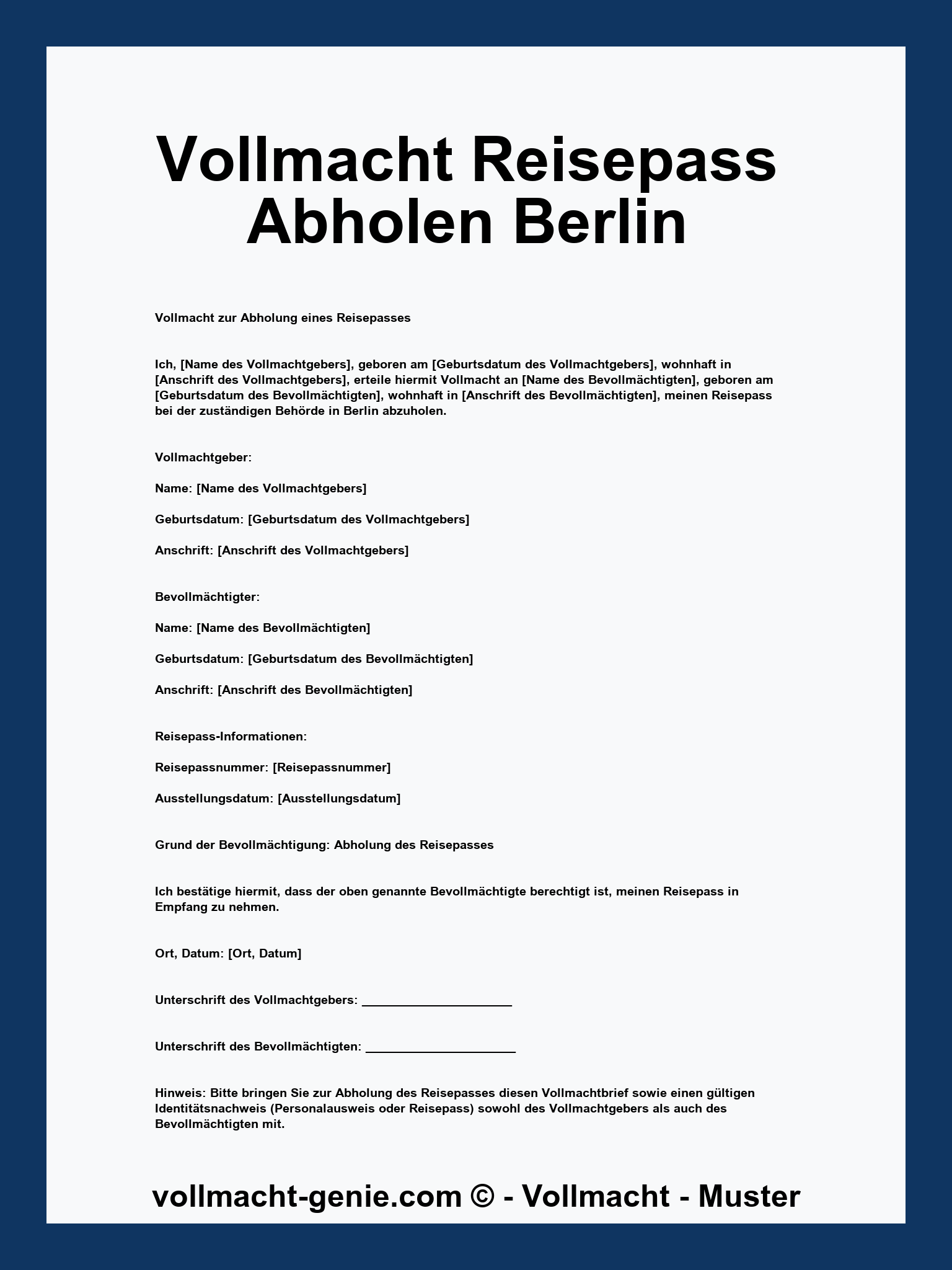 Vollmacht Reisepass Abholen - PDF Berlin