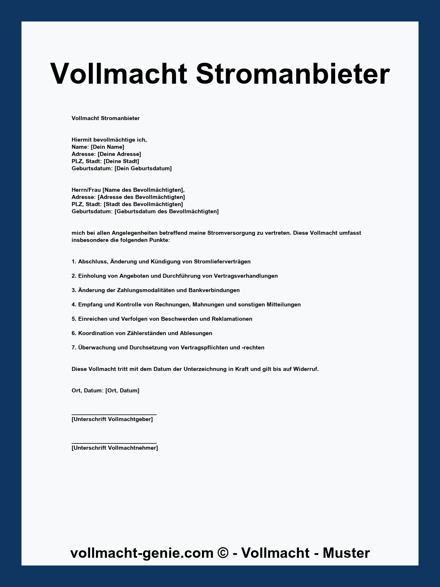 Vollmacht Stromanbieter Vorlage
