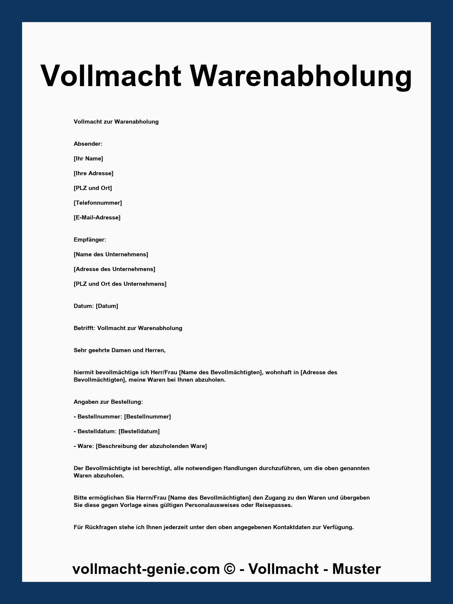 Vollmacht Warenabholung