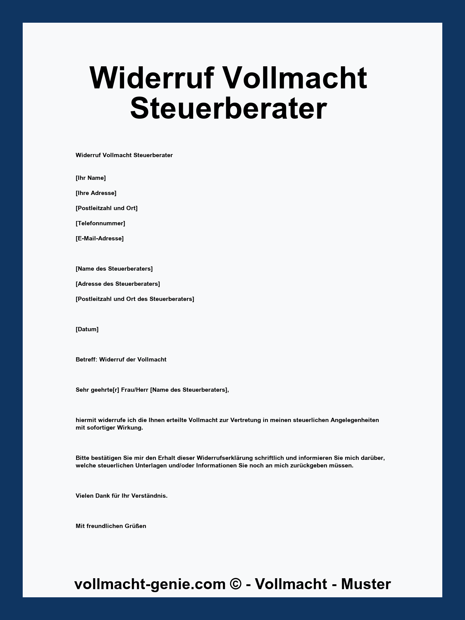 Widerruf Vollmacht Steuerberater Muster Kostenlos
